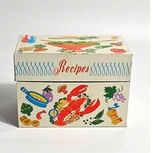Vintage 60s Tin Recipe Box with Lobster and Salad Illustrations by Ohio Art